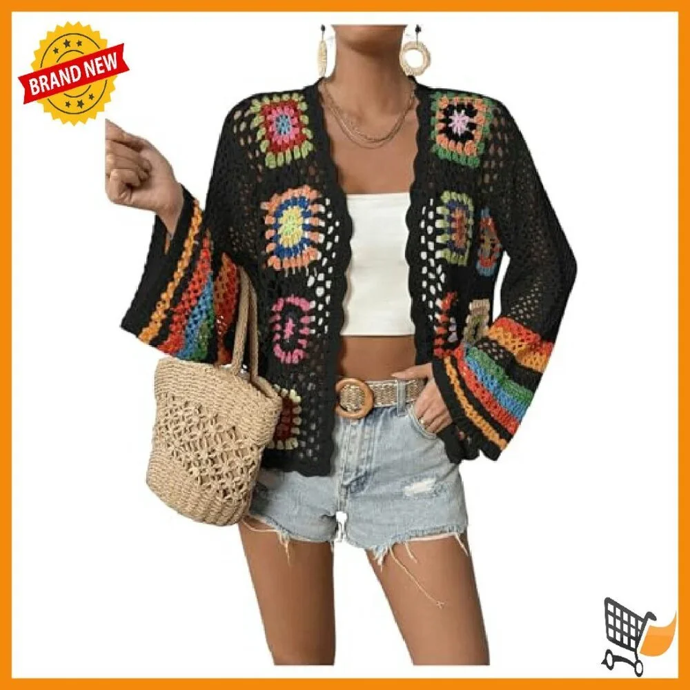 Floral Crochet Cardigan Long Sleeve Open Front Lightweight Sweater - Picture 2 of 7